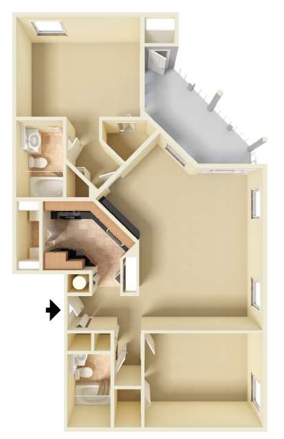 Unfurnished 3D floor plan of the St. Marks two-bedroom, two-bathroom apartment at Providence at Palm Harbor, displaying the apartment's spacious layout, kitchen, bedrooms, bathrooms, and storage.