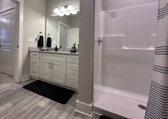 A bathroom with a walk-in shower and a vanity with a mirror.