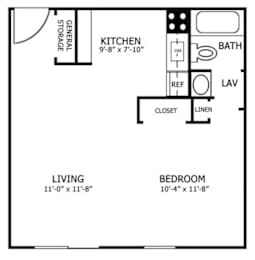 A floor plan of a small apartment with a living room, bedroom, and kitchen.