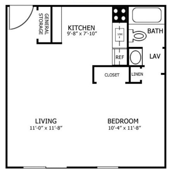 A floor plan of a small apartment with a living room, bedroom, and kitchen.