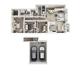 A 3D floor plan of a house with two cars parked in the garage.