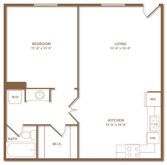 A floor plan of a 676 square foot apartment with a bedroom, living room, kitchen, and bath.