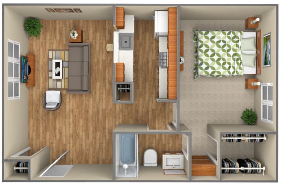 1-Bedroom floor plan at Birchwood Apartment Homes, Dallas, TX, 75204