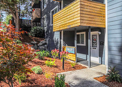 A modern house with a blue exterior and a yellow accent wall.