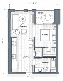 A floor plan of a small apartment with a living area, kitchen, bathroom, and sleeping area.