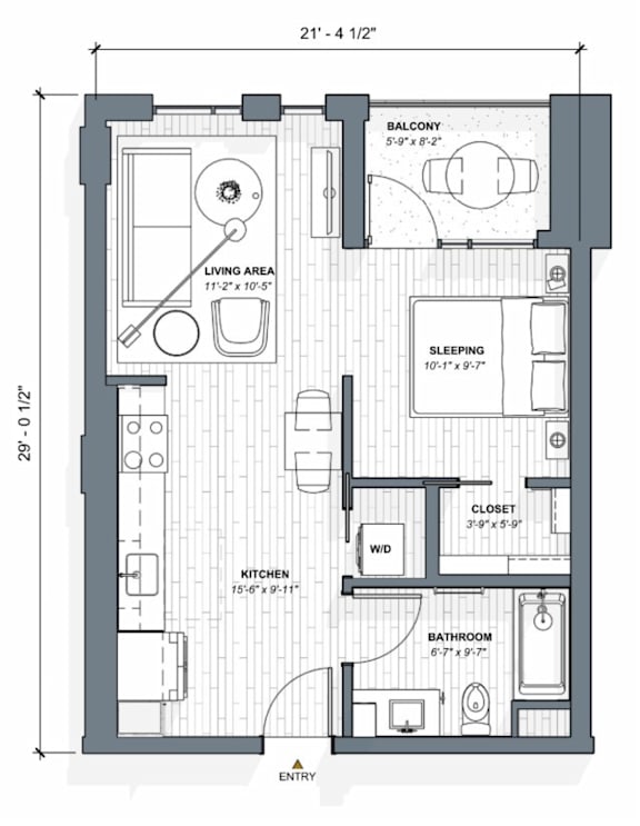 A floor plan of a small apartment with a living area, kitchen, bathroom, and sleeping area.