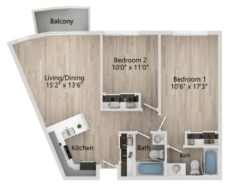 Two-Bedroom Floor Plan at Grand Plaza Senior Apartments in Los Angeles CA