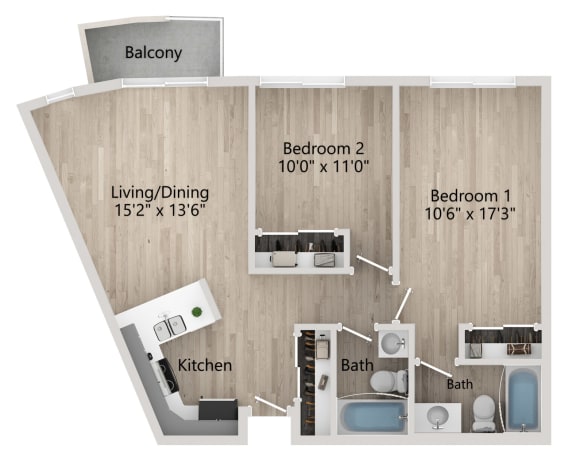 Two-Bedroom Floor Plan at Grand Plaza Senior Apartments in Los Angeles CA