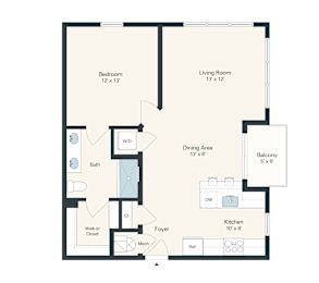 A floor plan for a 1 bedroom apartment sized at 752 square feet.