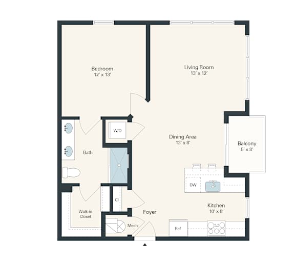 A floor plan for a 1 bedroom apartment sized at 752 square feet.