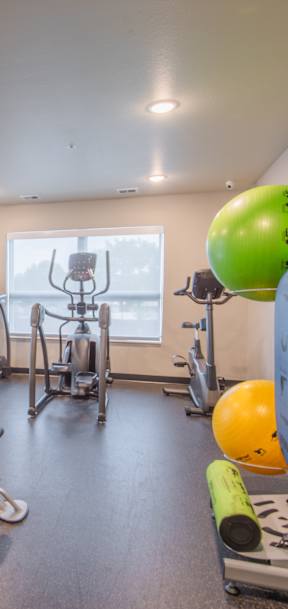 A well-equipped gym with various exercise equipment and a row of dumbbells on the left.