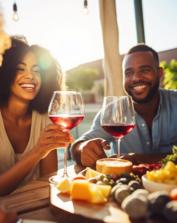a group of people sitting around a table with wine glasses