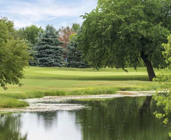 a golf course with a pond and trees