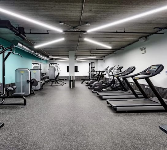 a gym with cardio equipment and weights on the floor