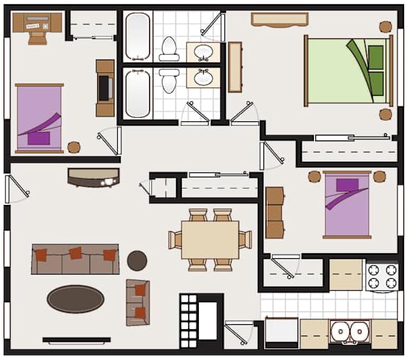 A floor plan of a Cherryhill Wisteria apartment with 3 bedrooms and 2 baths.