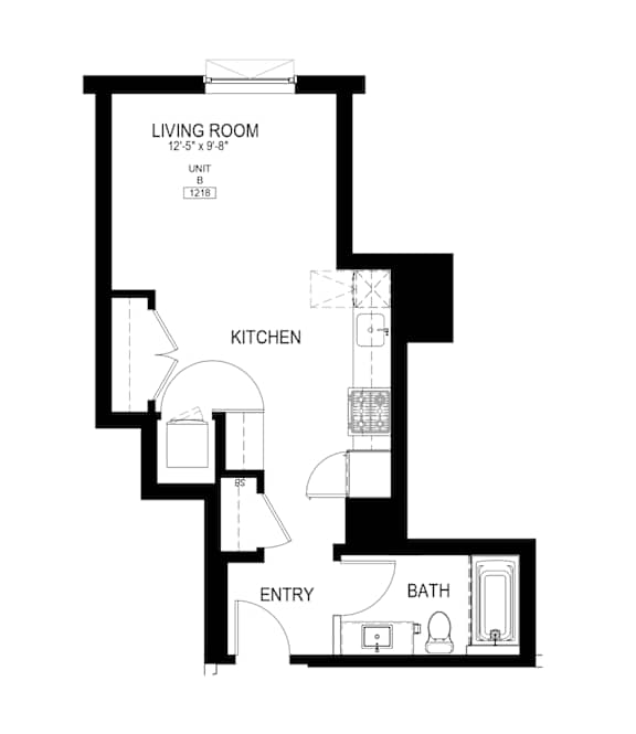 A black and white image of a floor plan for a 475 square foot unit.