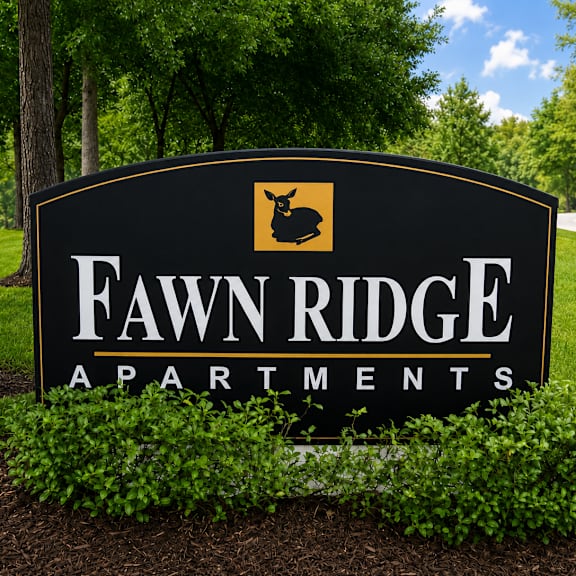 A sign for Fawn Ridge Apartments is shown in front of a green lawn.