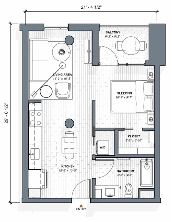 A floor plan of a small apartment with a sleeping area, kitchen, bathroom, and living area.