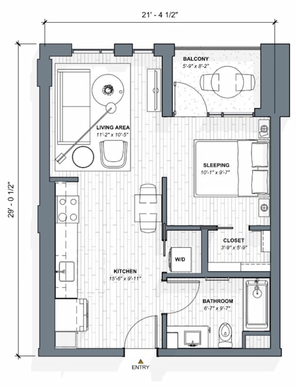 A floor plan of a small apartment with a living area, kitchen, bathroom, and sleeping area.