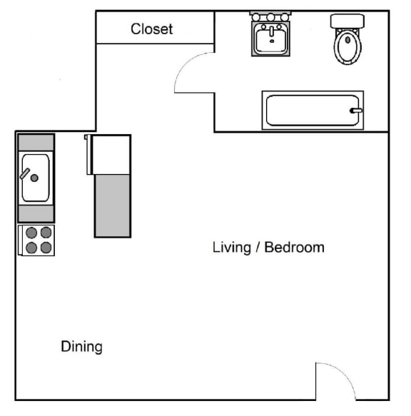large studio floorplan at greenbriar village apartments in portland, oregon