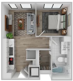 A top-down view of a small, modern apartment with a kitchen, living room, and bathroom.