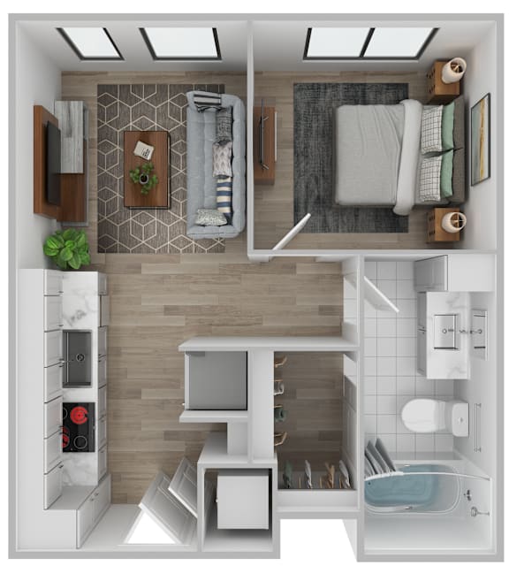 A top-down view of a small, modern apartment with a kitchen, living room, and bathroom.