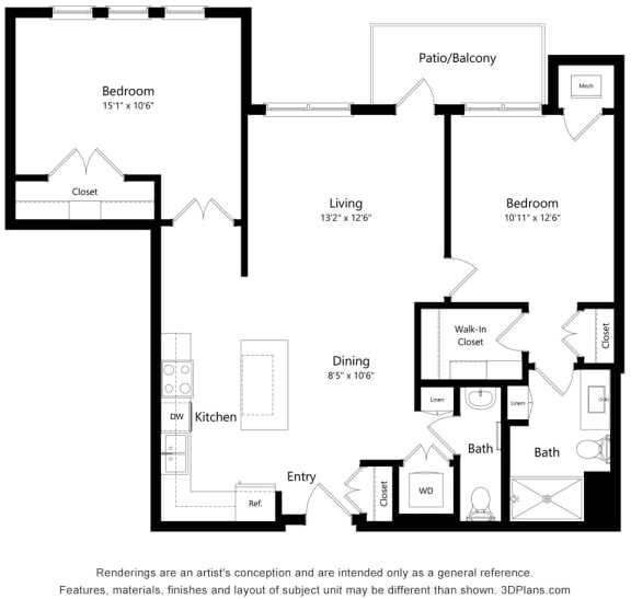 2 Bedroom Floor Plan at Bren Road Station 55+ Apartments, Minnetonka, MN