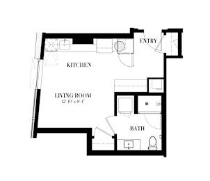 A floor plan for a 412 square foot studio apartment with a living room, kitchen, and bath.