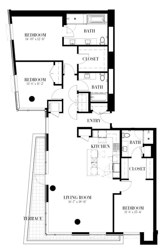 A floor plan of a 3 bedroom, 3 bathroom apartment.