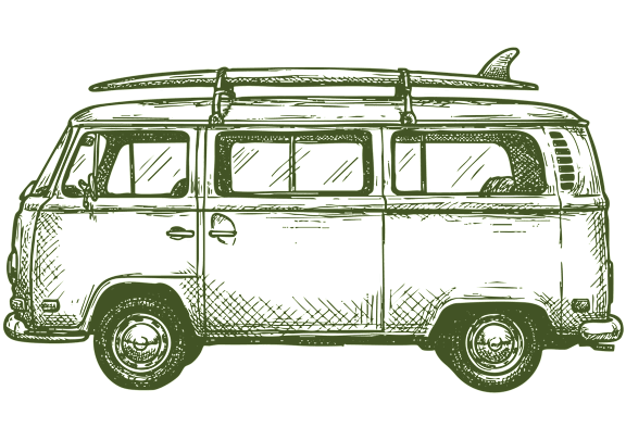 A sketch of a van with a surfboard on top.