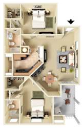 Furnished 3D floor plan of the Cape Florida two-bedroom, two-bathroom apartment at Providence at Palm Harbor, staged to demonstrate suggested furniture placement throughout the apartment.