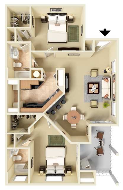 Furnished 3D floor plan of the Cape Florida two-bedroom, two-bathroom apartment at Providence at Palm Harbor, staged to demonstrate suggested furniture placement throughout the apartment.
