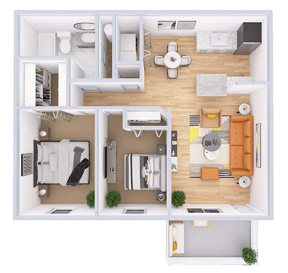 A top-down view of a modern apartment layout.