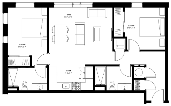 2 bed 2 bath floor plan A at Glassworks, Pennsylvania, 19122