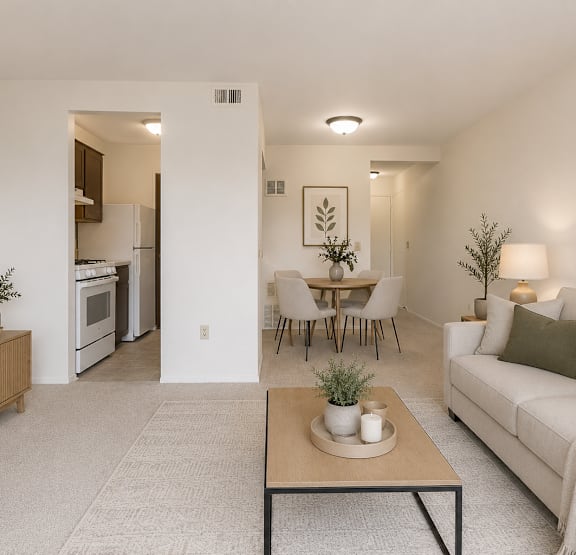 Kitchen with Living Room View at The Landings Apartments, Westland, MI