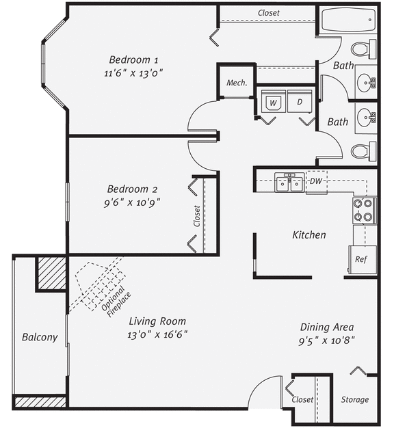  Floor Plan 2 Bedroom 1049 SqFt
