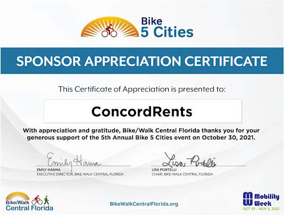 bike 5 cities this certificate of appreciation is presented to corporations with appreciation and gratitude