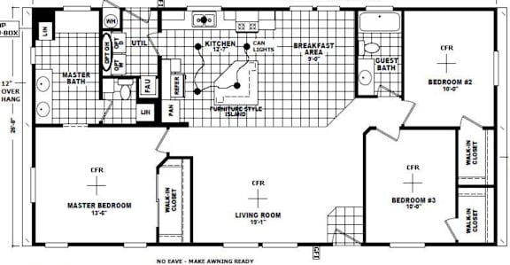 Double wide home floor plan with three bedrooms and two bathrooms, totaling 1,386 square feet.
