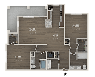 A floor plan of a house with a kitchen, living room, and two bedrooms.
