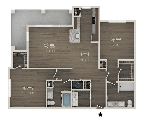 A floor plan of a house with a kitchen, living room, and two bedrooms.