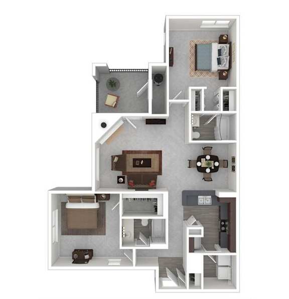 A floor plan of a house with a kitchen, living room, and two bedrooms.