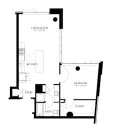 A black and white image of a floor plan for a one bedroom apartment.