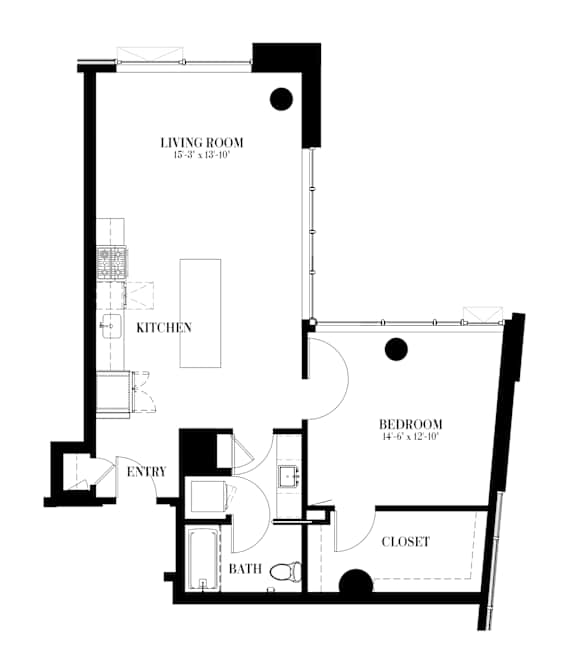 A black and white image of a floor plan for a one bedroom apartment.