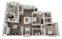 A 3D floor plan of a house with a kitchen, living room, and bathrooms.