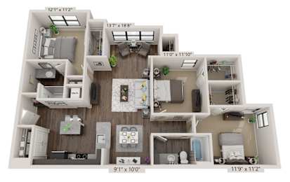A 3D floor plan of a house with a kitchen, living room, and bathrooms.