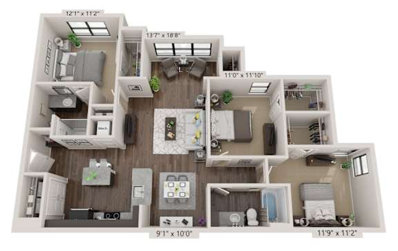 A 3D floor plan of a house with a kitchen, living room, and bathrooms.