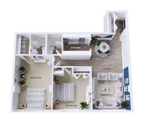 A cutaway drawing of a house showing a kitchen, two bedrooms, and a living room.