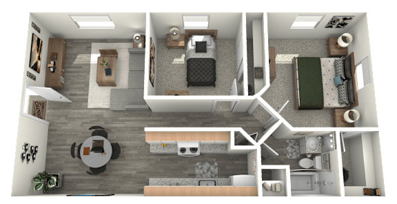 A 3D rendered image of a 2 bedroom floor plan
