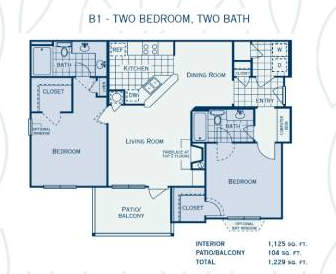 Floor Plan  A blueprint of apartment B1 with two bedrooms and two bathrooms.
