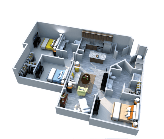 Three Bedroom Two Bath Solarium Floor Plan at Ariel Apartment Homes Lake Nona, Orlando FL 32827